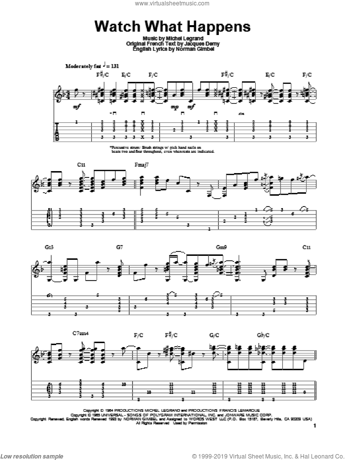Watch What Happens sheet music for guitar solo by Jake Reichbart, Michel LeGrand and Norman Gimbel, intermediate skill level