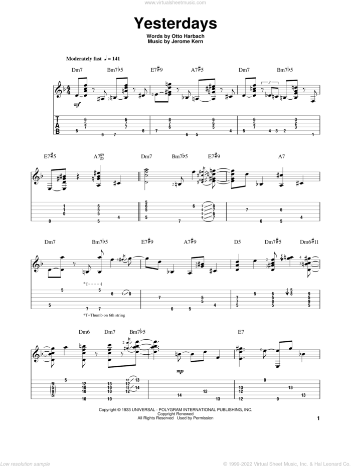 Yesterdays sheet music for guitar solo by Jake Reichbart, Jerome Kern and Otto Harbach, intermediate skill level