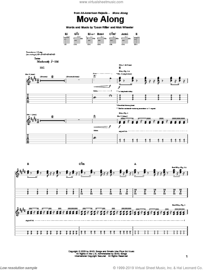 Move Along sheet music for guitar (tablature) by The All-American Rejects, Nick Wheeler and Tyson Ritter, intermediate skill level