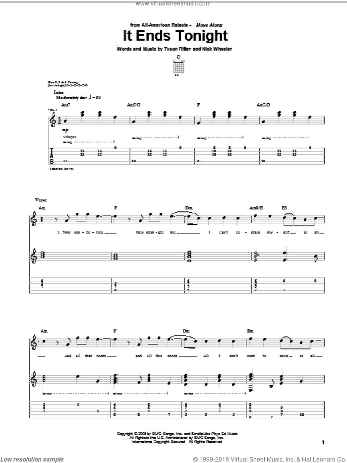 It Ends Tonight sheet music for guitar (tablature) by The All-American Rejects, Nick Wheeler and Tyson Ritter, intermediate skill level