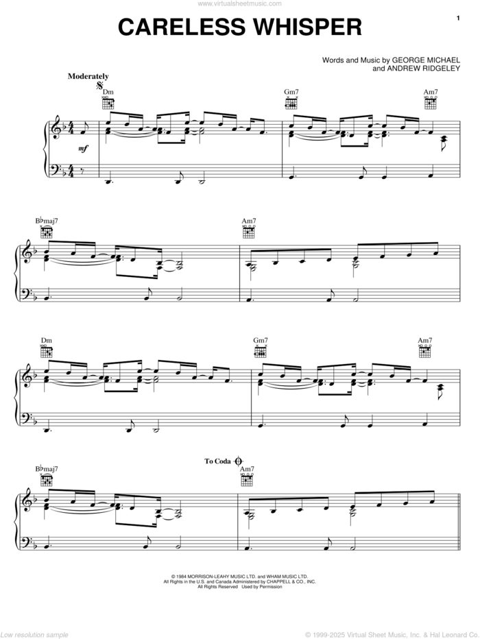 Careless Whisper sheet music for voice, piano or guitar by George Michael, Andrew Ridgeley and Wham!, intermediate skill level