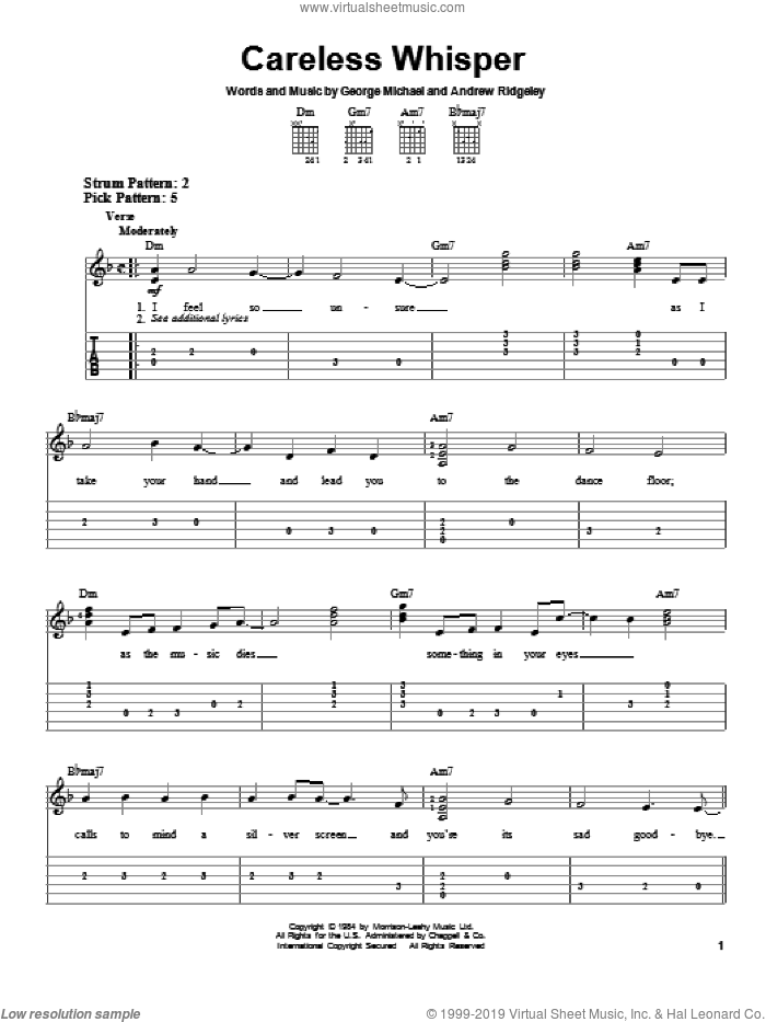 Careless Whisper sheet music for guitar solo (easy tablature) by George Michael, Andrew Ridgeley and Wham!, easy guitar (easy tablature)
