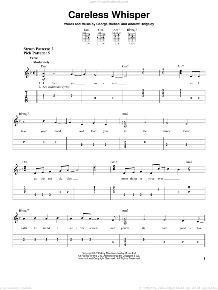 Careless Whisper sheet music for guitar solo (easy tablature) by George Michael, Andrew Ridgeley and Wham!, easy guitar (easy tablature)