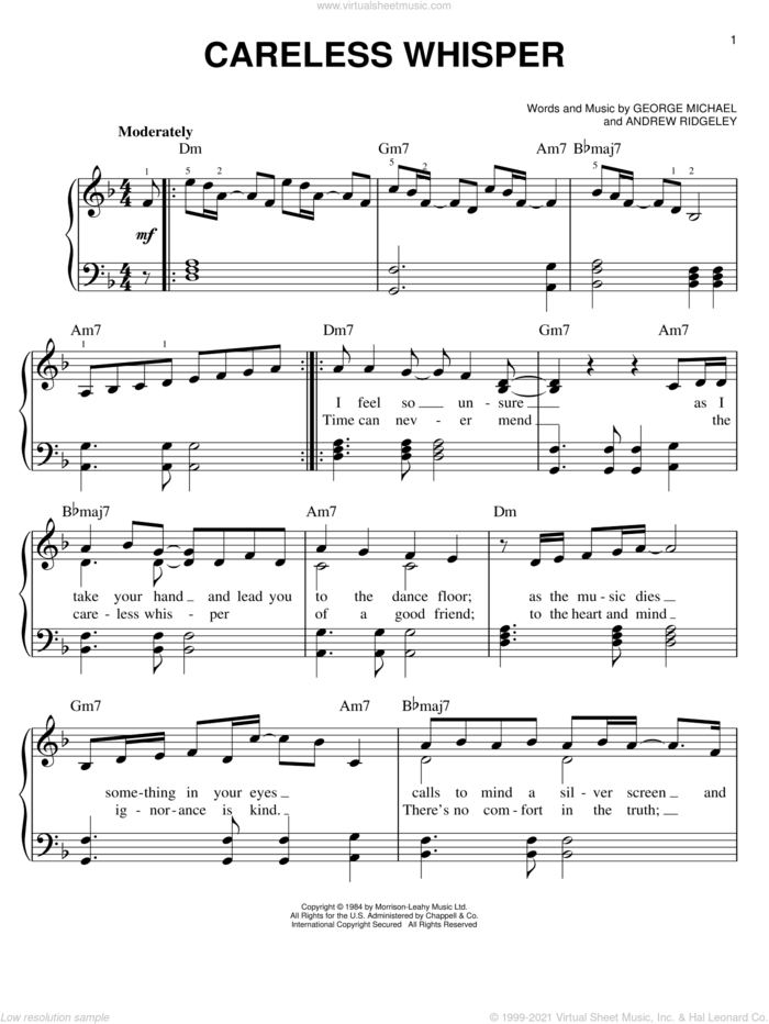 Careless Whisper sheet music for piano solo by George Michael, Andrew Ridgeley and Wham!, easy skill level