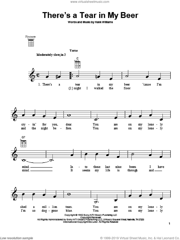 There's A Tear In My Beer sheet music for ukulele by Hank Williams, intermediate skill level