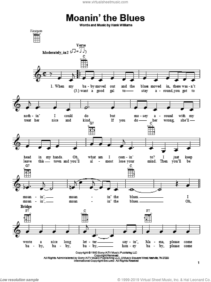 Moanin' The Blues sheet music for ukulele by Hank Williams, intermediate skill level