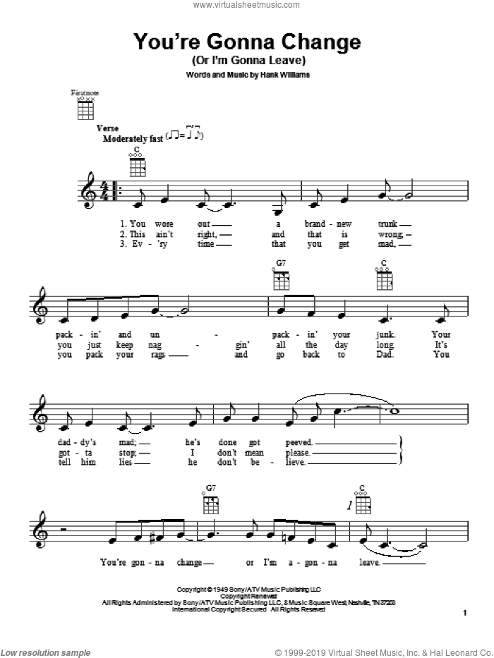 You're Gonna Change (Or I'm Gonna Leave) sheet music for ukulele by Hank Williams, intermediate skill level