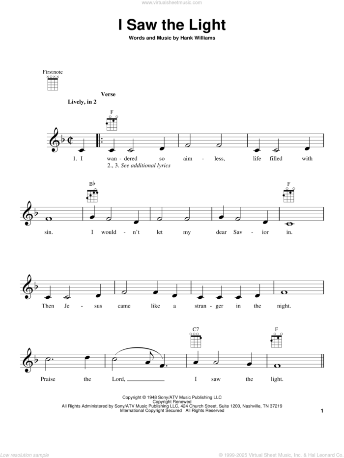 I Saw The Light sheet music for ukulele by Hank Williams, intermediate skill level