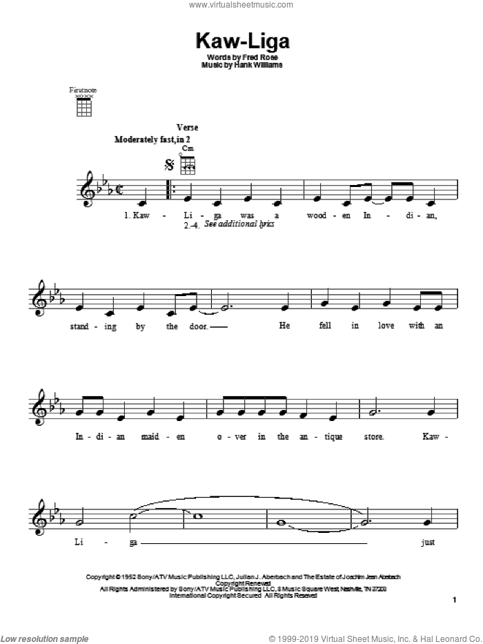 Kaw-Liga sheet music for ukulele by Hank Williams, intermediate skill level
