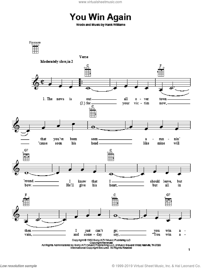 You Win Again sheet music for ukulele by Hank Williams, Charley Pride and Fats Domino, intermediate skill level