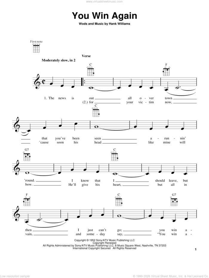 You Win Again sheet music for ukulele by Hank Williams, Charley Pride and Fats Domino, intermediate skill level