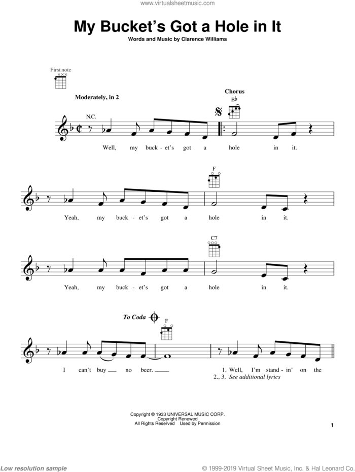 My Bucket's Got A Hole In It sheet music for ukulele by Hank Williams and Clarence Williams, intermediate skill level