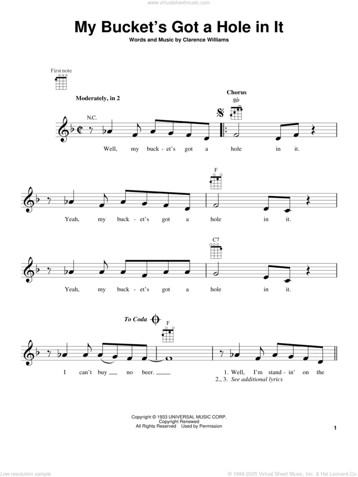 My Bucket's Got A Hole In It sheet music for ukulele by Hank Williams and Clarence Williams, intermediate skill level