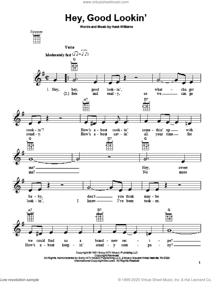 Hey, Good Lookin' sheet music for ukulele by Hank Williams, intermediate skill level