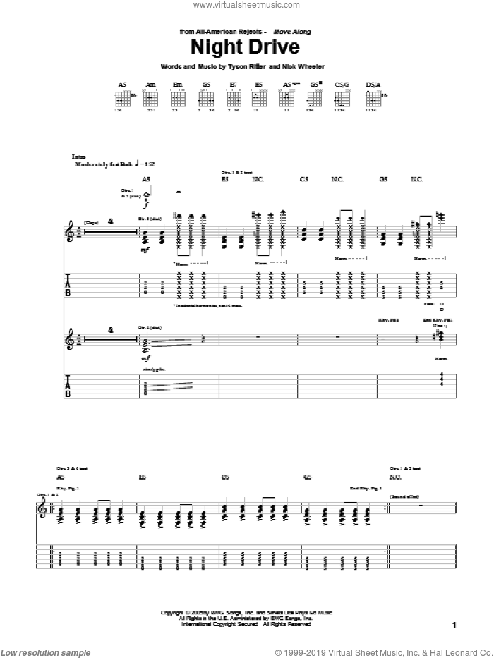 Night Drive sheet music for guitar (tablature) by The All-American Rejects, Nick Wheeler and Tyson Ritter, intermediate skill level