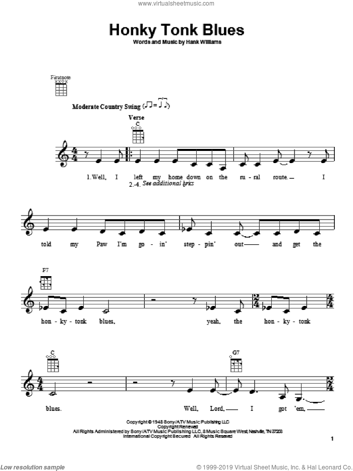 Honky Tonk Blues sheet music for ukulele by Hank Williams and Charley Pride, intermediate skill level