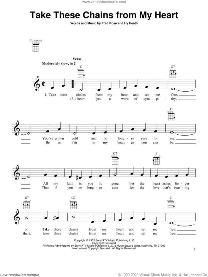 Take These Chains From My Heart sheet music for ukulele by Hank Williams, Fred Rose and Hy Heath, intermediate skill level