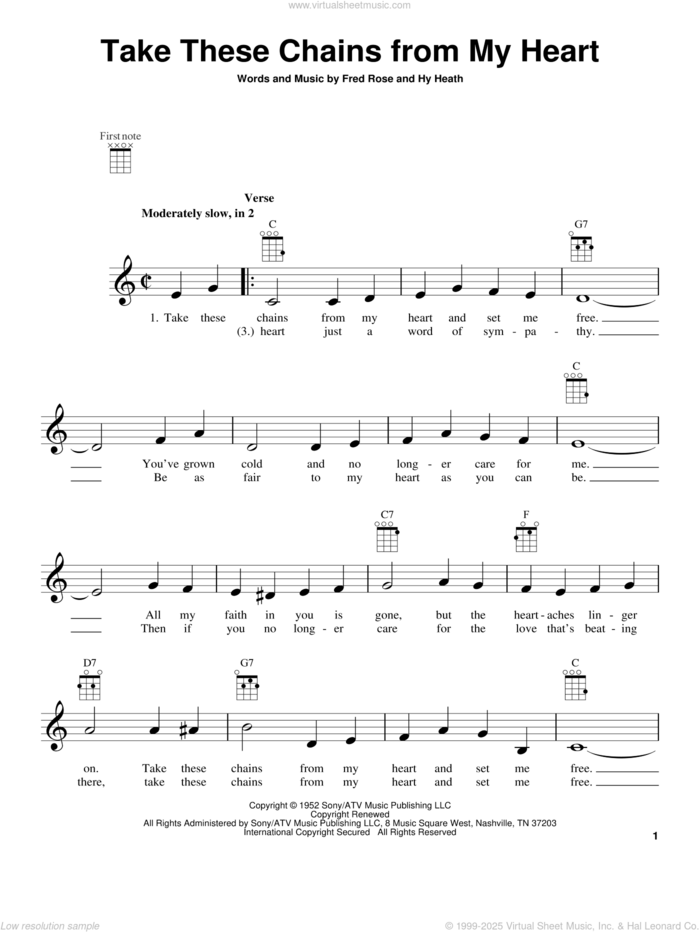 Take These Chains From My Heart sheet music for ukulele by Hank Williams, Fred Rose and Hy Heath, intermediate skill level