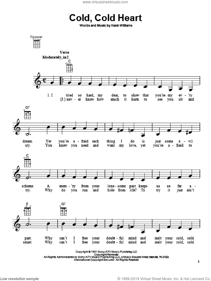 Cold, Cold Heart sheet music for ukulele by Hank Williams and Tony Bennett, intermediate skill level