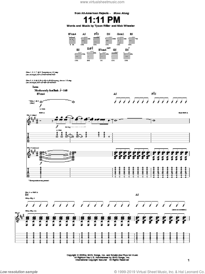 11:11 PM sheet music for guitar (tablature) by The All-American Rejects, Nick Wheeler and Tyson Ritter, intermediate skill level