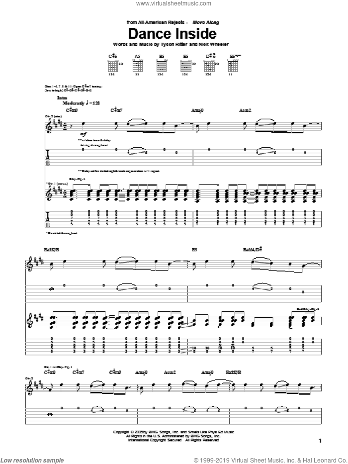 Dance Inside sheet music for guitar (tablature) by The All-American Rejects, Nick Wheeler and Tyson Ritter, intermediate skill level