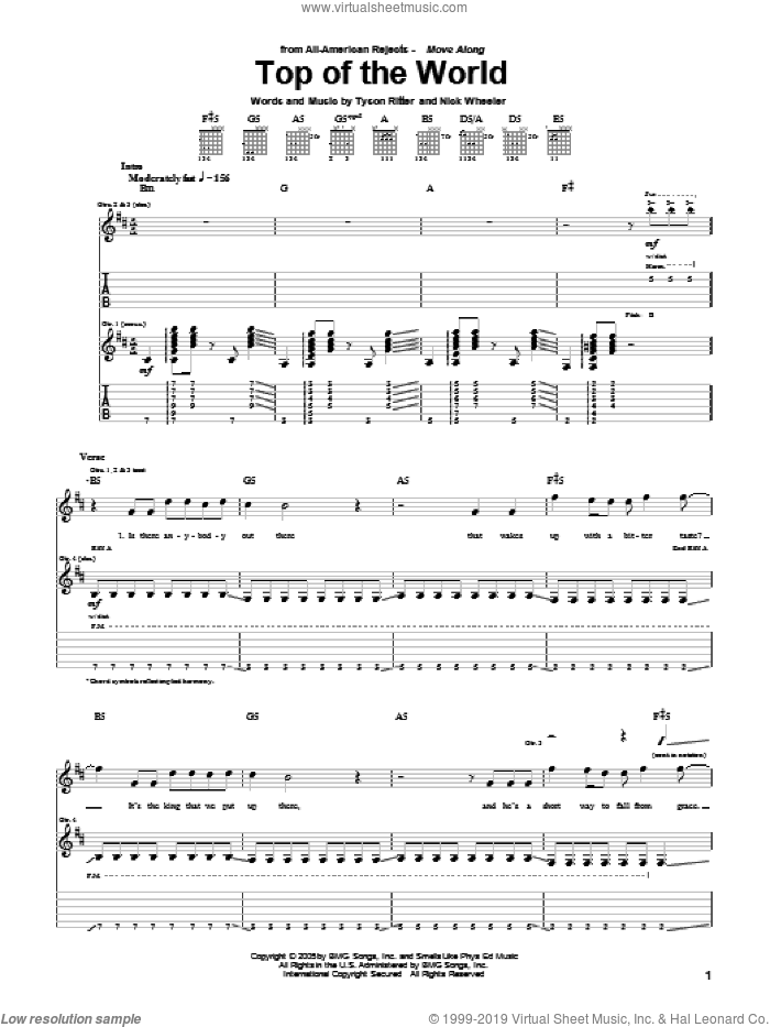 Top Of The World sheet music for guitar (tablature) by The All-American Rejects, Nick Wheeler and Tyson Ritter, intermediate skill level