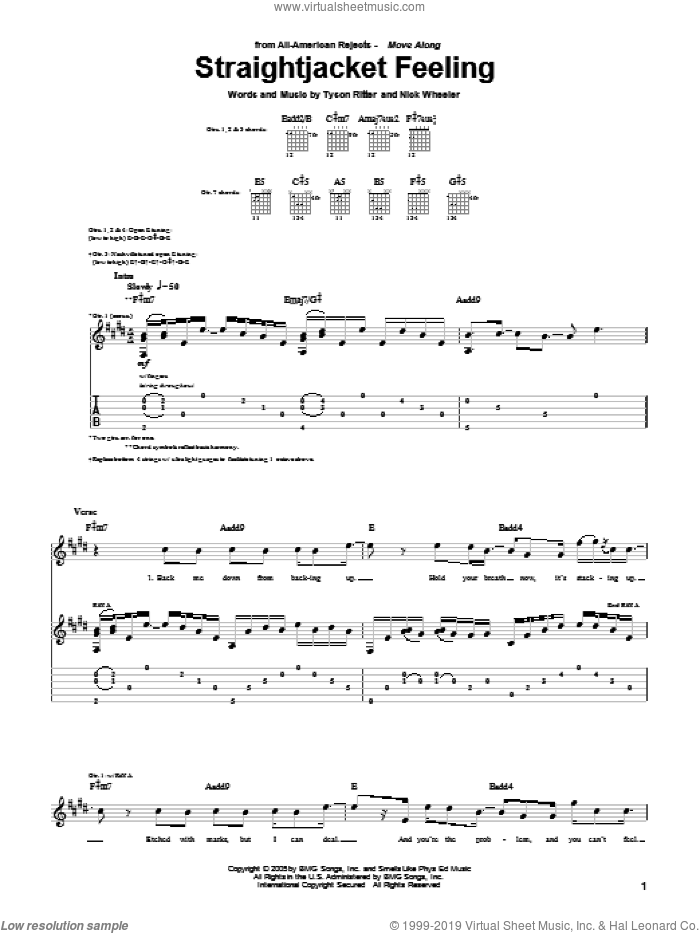 Straightjacket Feeling sheet music for guitar (tablature) by The All-American Rejects, Nick Wheeler and Tyson Ritter, intermediate skill level