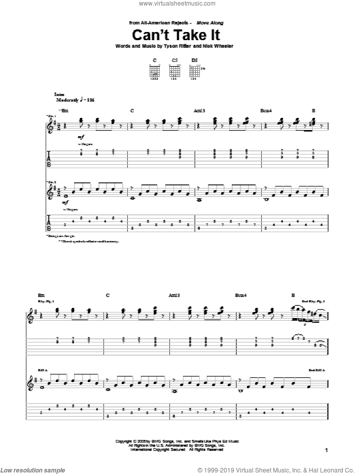 Can't Take It sheet music for guitar (tablature) by The All-American Rejects, Nick Wheeler and Tyson Ritter, intermediate skill level