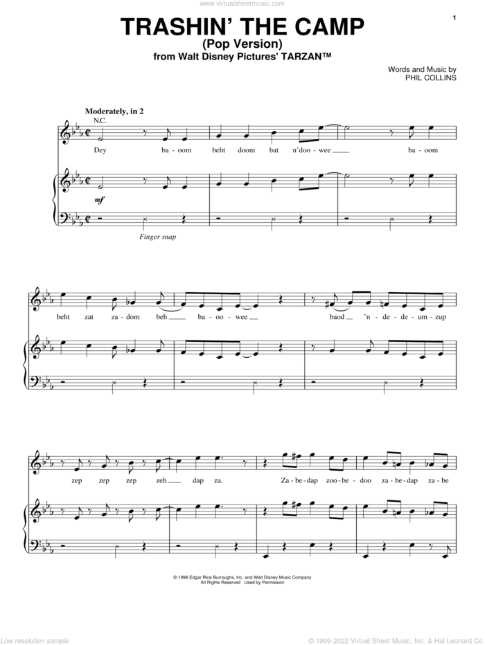 Trashin' The Camp (Pop Version) (from Tarzan) sheet music for voice, piano or guitar by Phil Collins, intermediate skill level