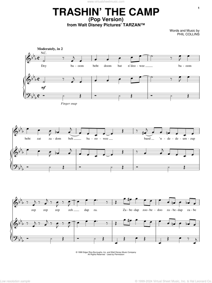 Trashin' The Camp (Pop Version) (from Tarzan) sheet music for voice, piano or guitar by Phil Collins, intermediate skill level