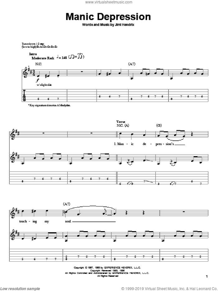 Manic Depression sheet music for guitar (tablature, play-along) by Jimi Hendrix, intermediate skill level