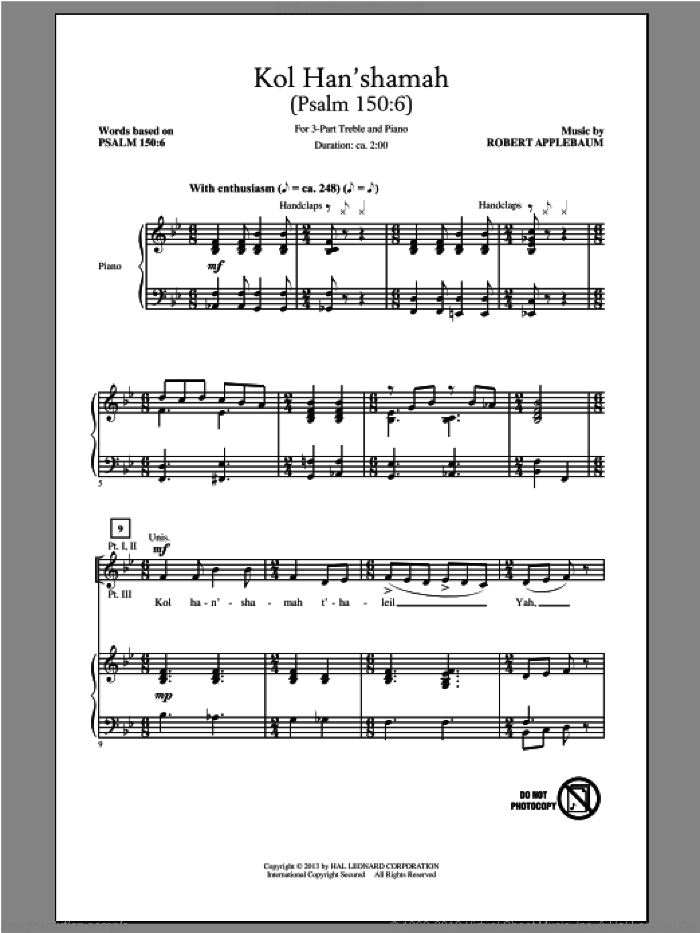 Kol Han'shamah sheet music for choir (3-Part Treble) by Robert Applebaum, intermediate skill level