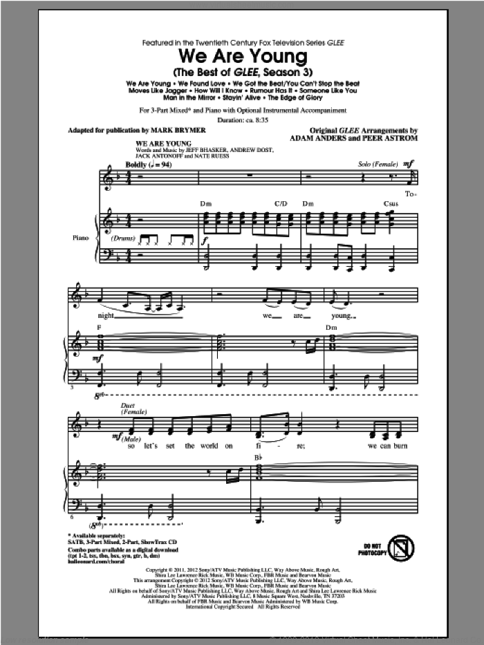 We Are Young (The Best Of Glee Season 3) (Medley) sheet music for choir (3-Part Mixed) by Mark Brymer and Glee Cast, intermediate skill level