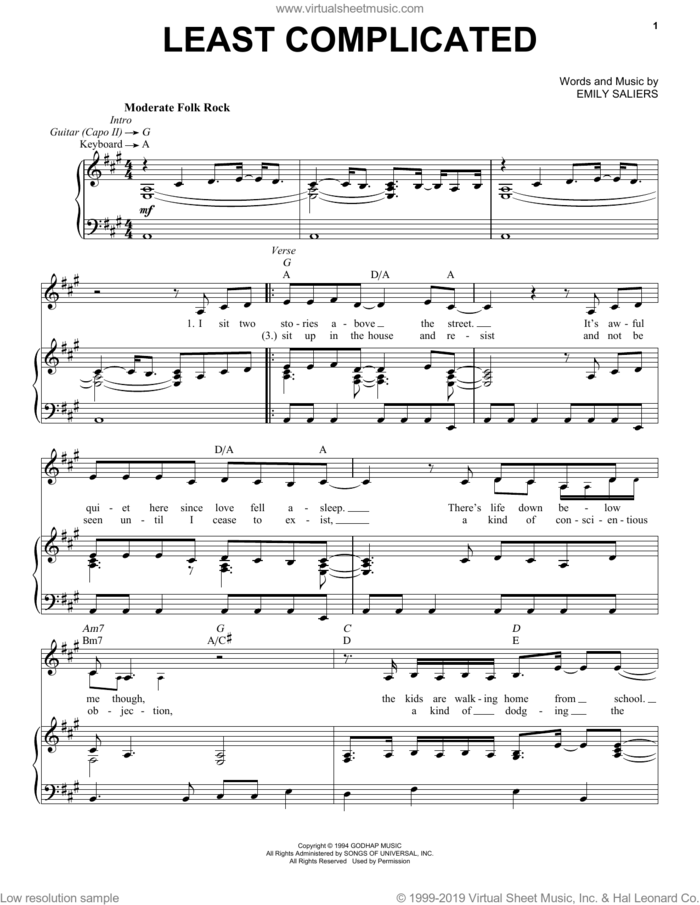 Least Complicated sheet music for voice, piano or guitar by Indigo Girls and Emily Saliers, intermediate skill level