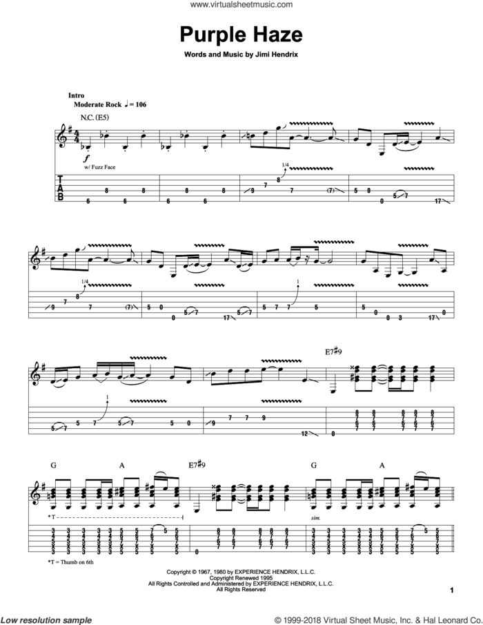 Purple Haze sheet music for guitar (tablature, play-along) by Jimi Hendrix, intermediate skill level