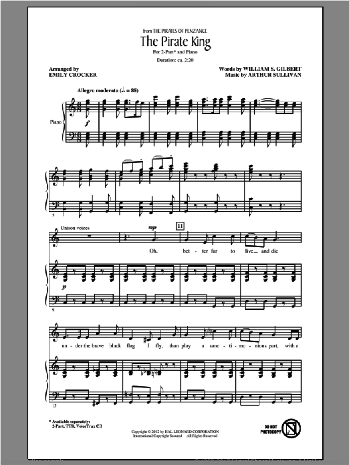 The Pirate King sheet music for choir (2-Part) by Gilbert & Sullivan, Arthur Sullivan and William S. Gilbert, intermediate duet