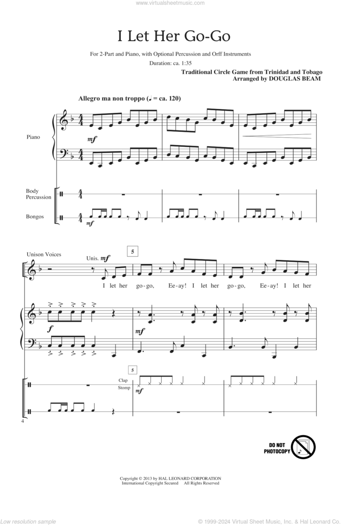 I Let Her Go-Go sheet music for choir (2-Part) by Douglas Beam, intermediate duet