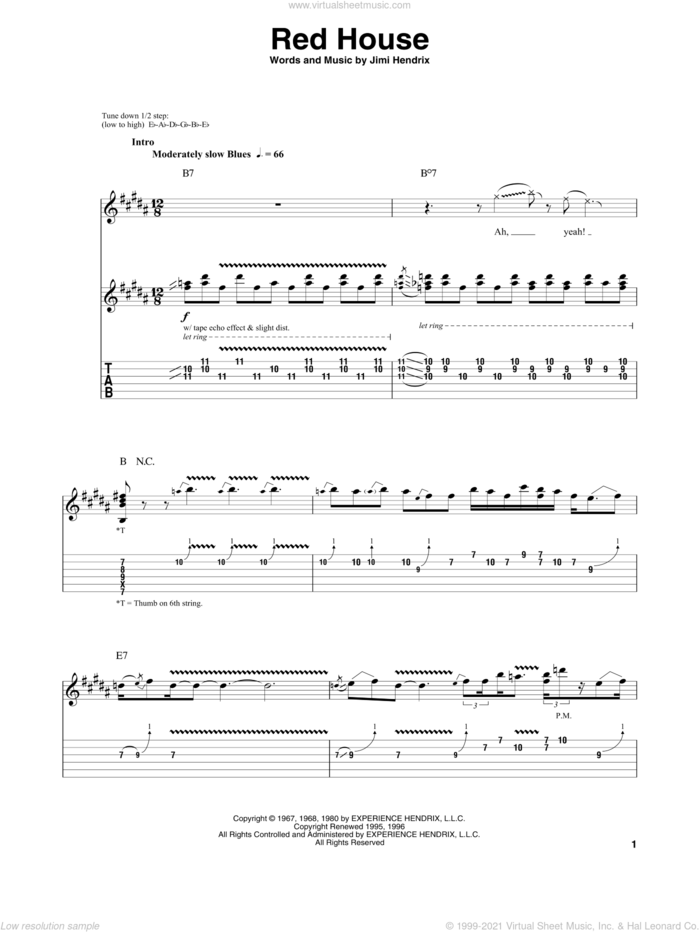 Red House sheet music for guitar (tablature, play-along) by Jimi Hendrix, intermediate skill level