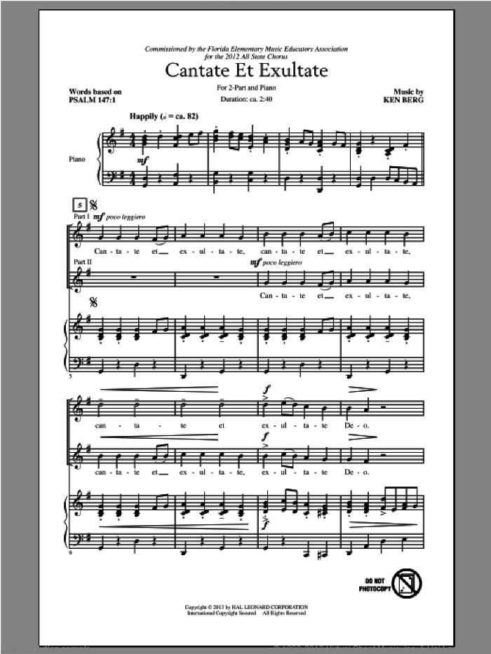 Cantate Et Exultate sheet music for choir (2-Part) by Ken Berg, intermediate duet