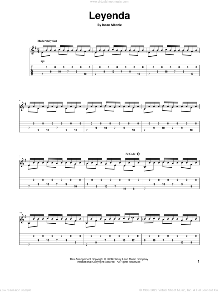 Leyenda (Excerpt) sheet music for guitar solo by Isaac Albeniz, classical score, intermediate skill level