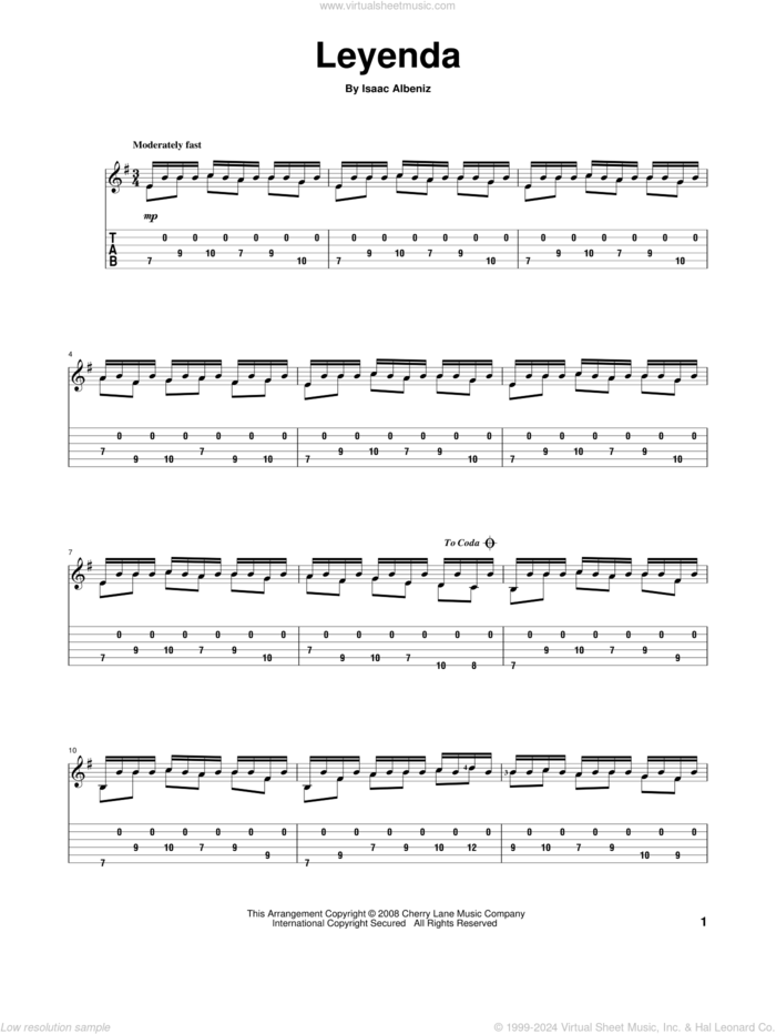 Leyenda (Excerpt) sheet music for guitar solo by Isaac Albeniz, classical score, intermediate skill level