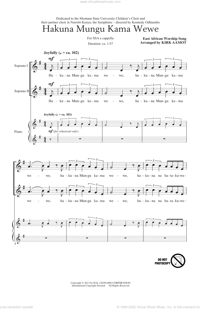 Hakuna Mungu Kama Wewe sheet music for choir (SSA: soprano, alto) by Kirk Aamot and East African Worship Song, intermediate skill level