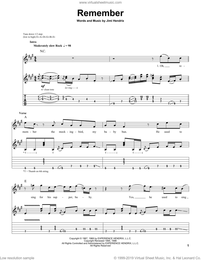 Remember sheet music for guitar (tablature, play-along) by Jimi Hendrix, intermediate skill level
