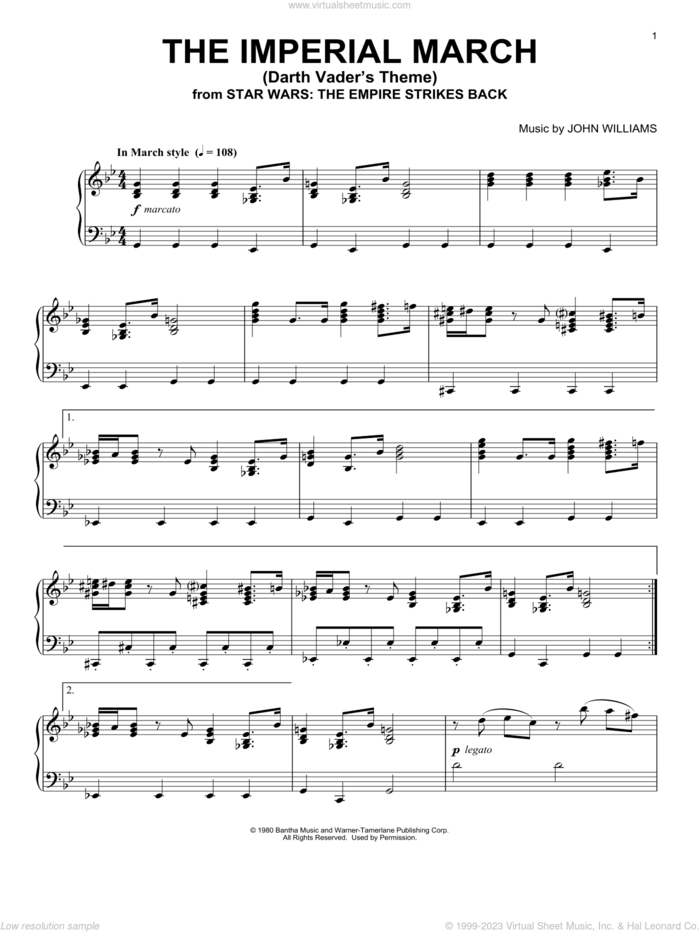 The Imperial March (Darth Vader's Theme) sheet music for piano solo by John Williams and Star Wars (Movie), intermediate skill level