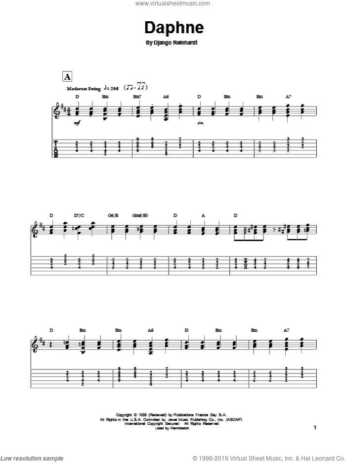 Daphne sheet music for guitar (tablature, play-along) by Django Reinhardt, intermediate skill level