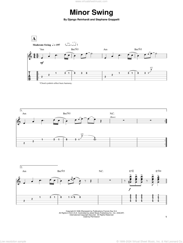 Minor Swing sheet music for guitar (tablature, play-along) by Django Reinhardt and Stephane Grappelli, intermediate skill level