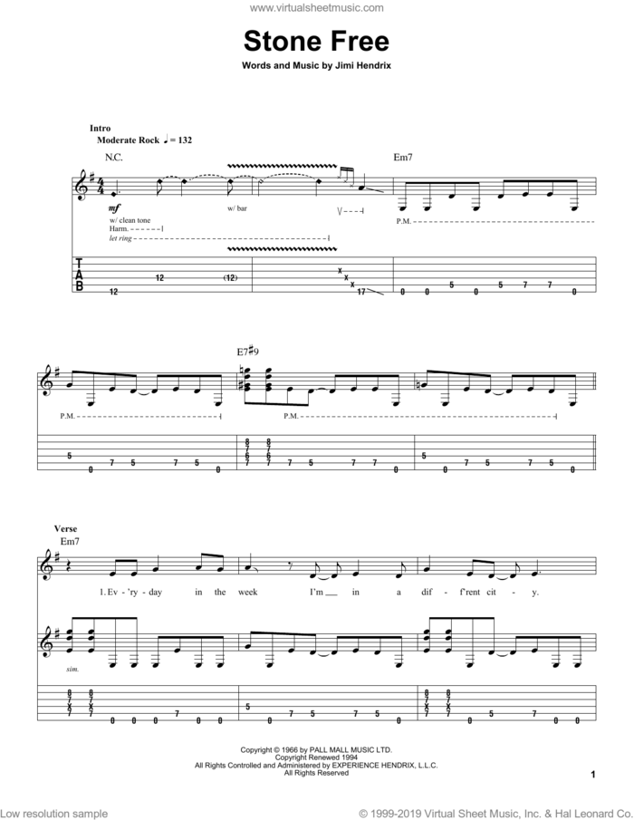 Stone Free sheet music for guitar (tablature, play-along) by Jimi Hendrix, intermediate skill level