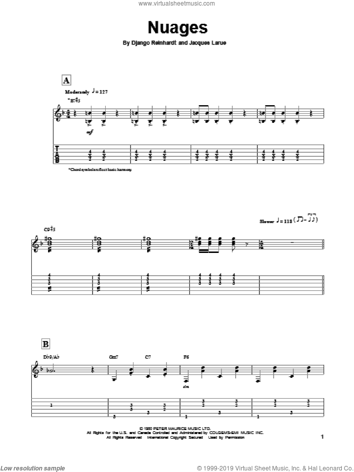 Nuages sheet music for guitar (tablature, play-along) by Django Reinhardt and Jacques Larue, intermediate skill level