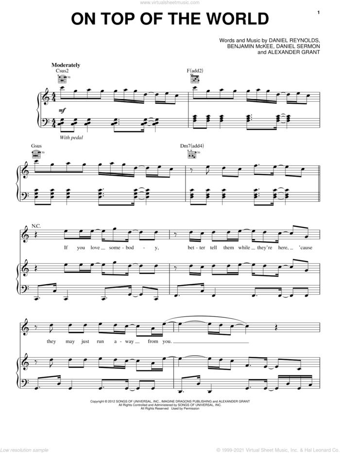 On Top Of The World sheet music for voice, piano or guitar by Imagine Dragons, intermediate skill level