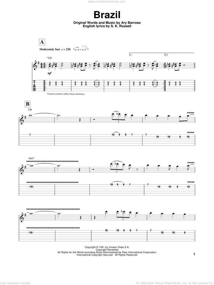 Brazil sheet music for guitar (tablature, play-along) by Django Reinhardt, Ary Barroso and S.K. Russell, intermediate skill level
